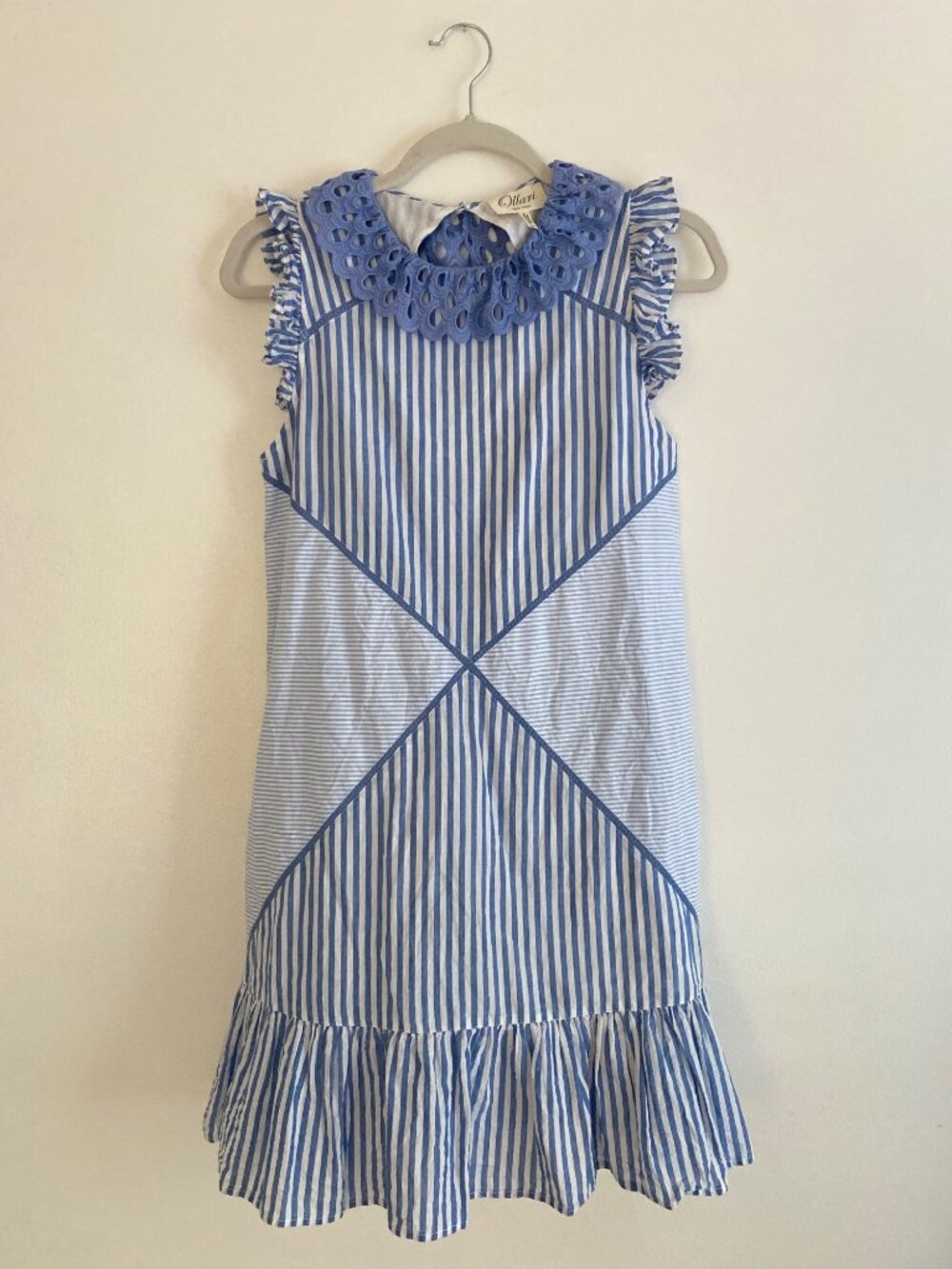 Ollari Blue & White Striped Cotton Dress With Eyelet & Ruffle Details Size M